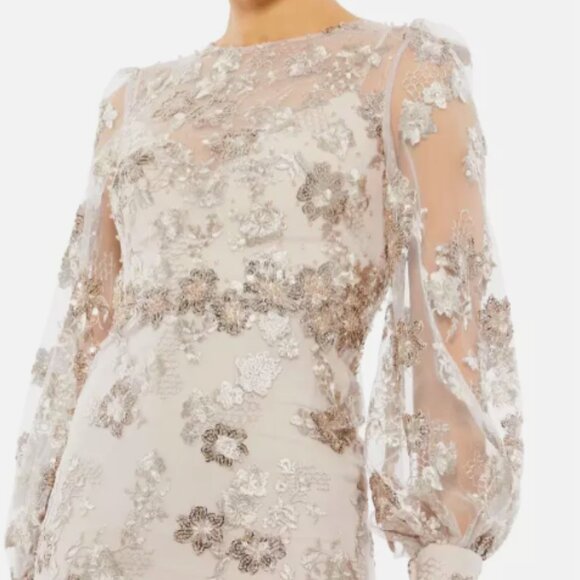 MAC DUGGAL 70237 EMBELLISHED HIGH NECK ILLUSIONS LONG SLEEVE MOCHA MIDI DRESS 14 - Picture 4 of 6